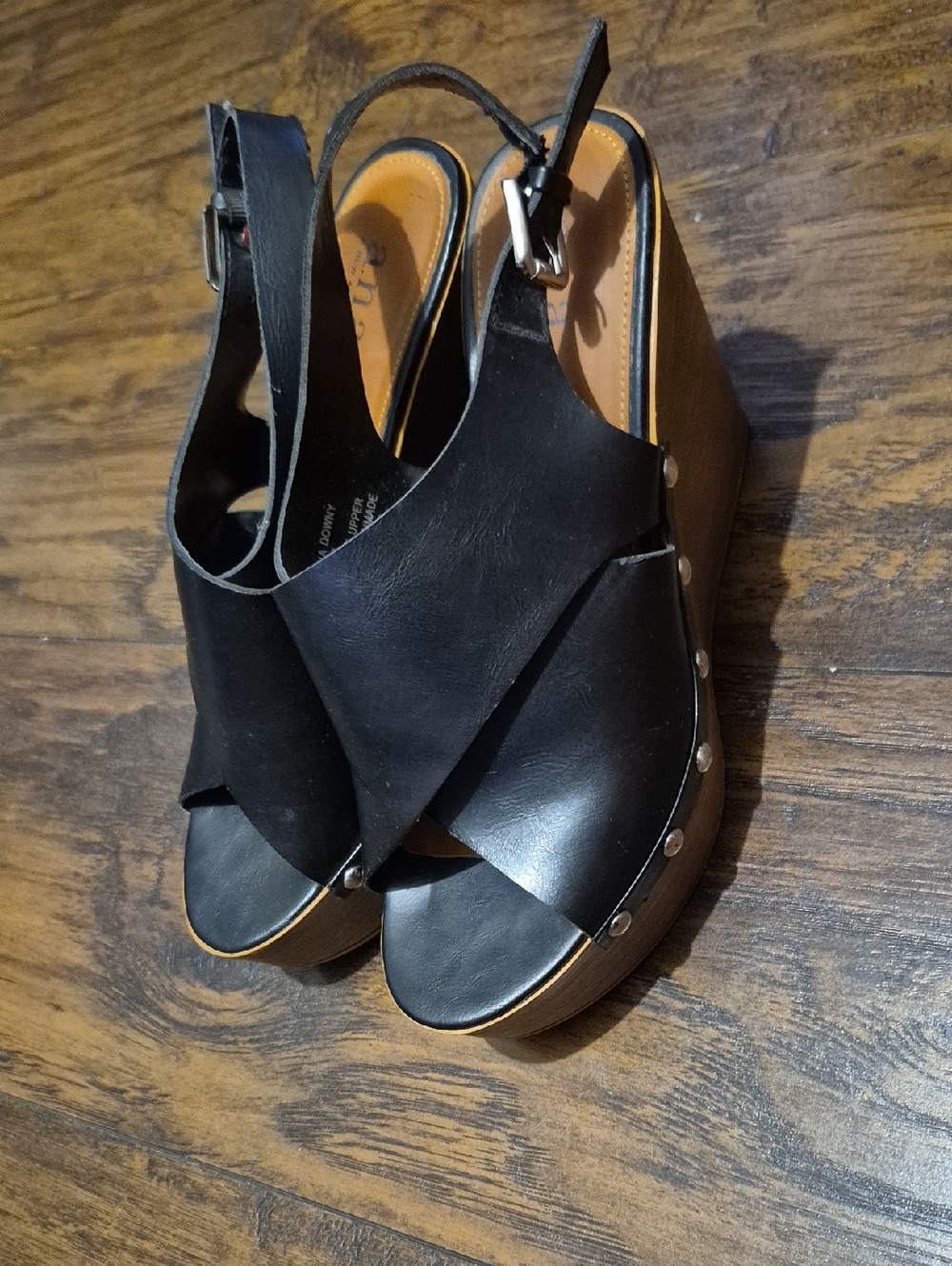 a.n.a Black Leather Crisscross Wedge Sandals with Stud Trim